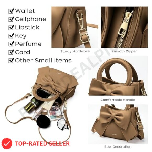 Vegan Leather Crossbody Bag Cute Bow Knot Chic Elegant Adjustable Strap - Picture 6 of 8